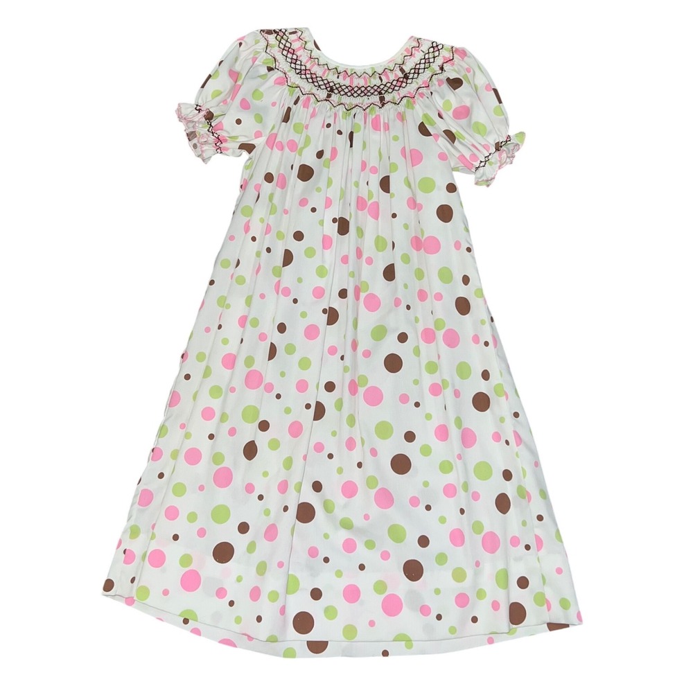 Le Za Me Girls Hand Smocked Bishop Dress Polka Dot Pink Green Brown Size 5